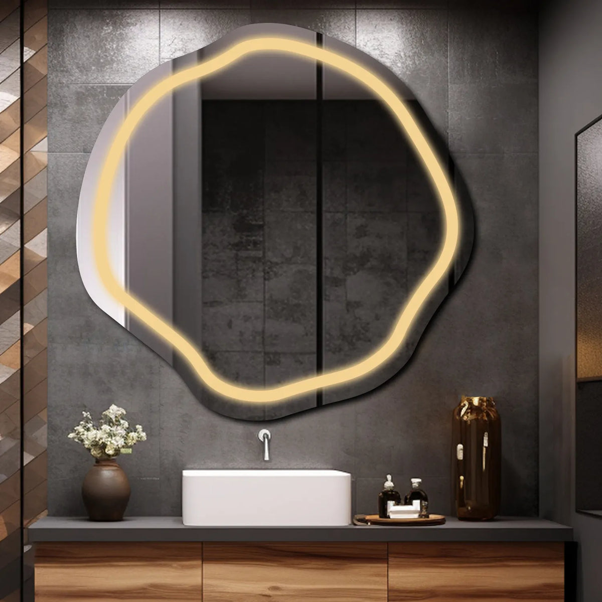 Espejo LED Asimétrico Ovalado | Control por interruptor de pared | Luz blanca cálida - Reyze Seria Salono Model 1