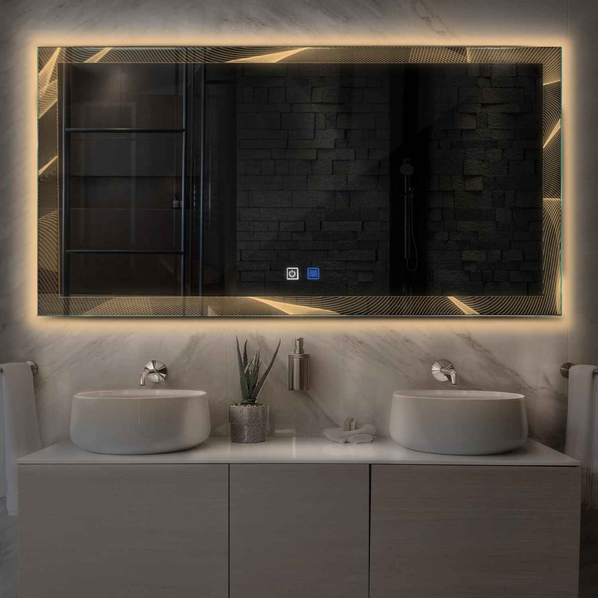 Espejo LED Rectangular | Botones táctiles | Función antivaho | Luz blanca cálida - Reyze Seria Simetria Model 2