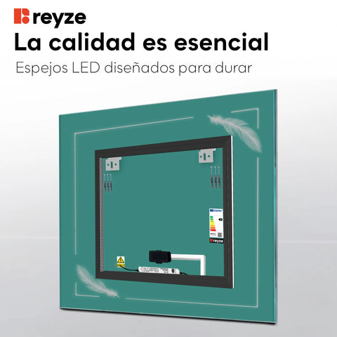 Espejo LED Cuadrado | Botón táctil | Luz blanca cálida - Reyze Seria Good Vibes Model 3