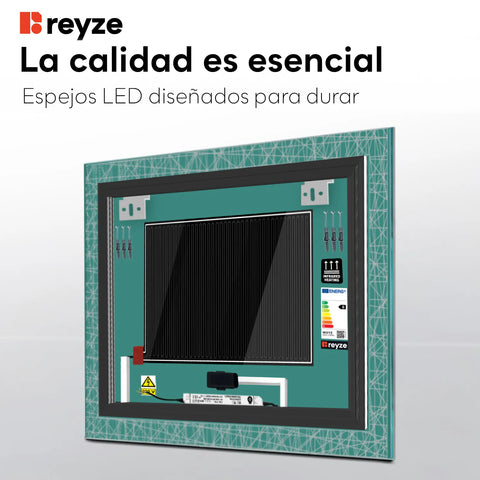 Espejo LED Cuadrado | Botones táctiles | Función antivaho | Luz blanca cálida - Reyze Seria Simetria Model 1