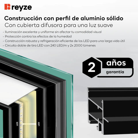 Espejo LED Rectangular | Botones táctiles | Función antivaho | Luz blanca fría - Reyze Seria Salono Model 1