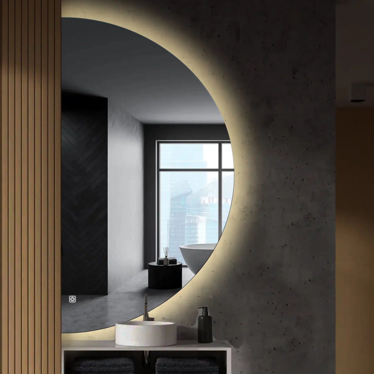 Espejo LED Media Luna | Botones táctiles | Función antivaho | Luz blanca neutra - Reyze Seria Ambient Model 1 - Lado Izquierdo